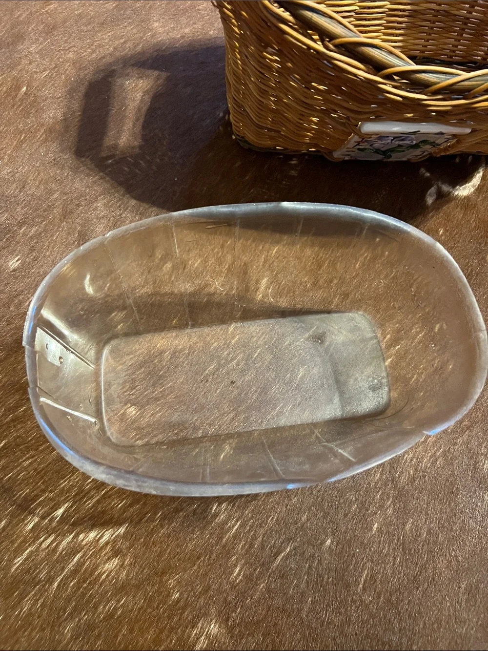 VTG Woven Wicker Ceramic Tile Oval Basket w/ 2 Flower Ceramic Handles